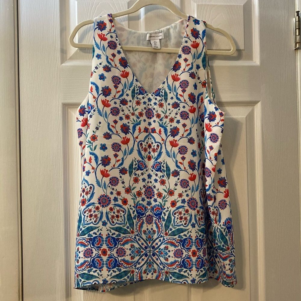 VGUC Adrienne Vittadini Floral V-Neck Sleeveless Blouse Size L Red, Blue, White